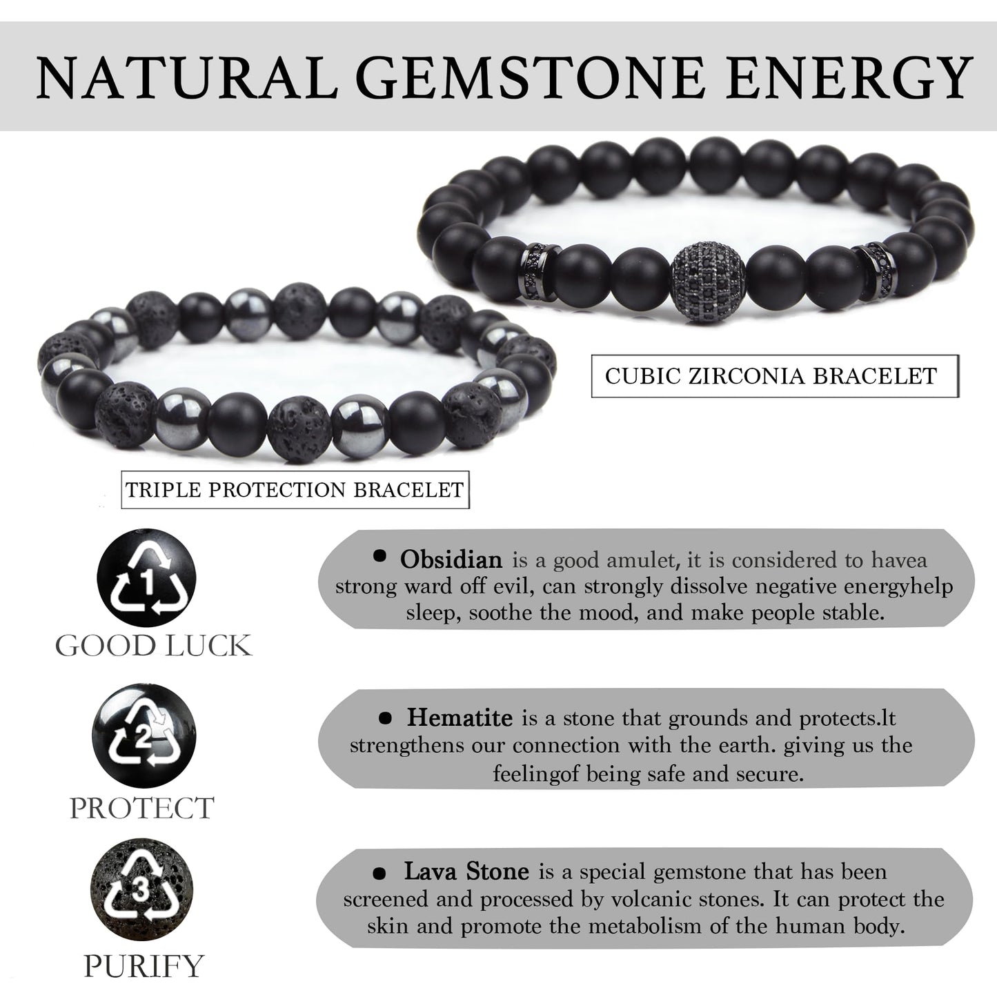 Triple Protection Bracelet - Grounding, Anxiety Relief & Feng Shui Shield for Negative Energy