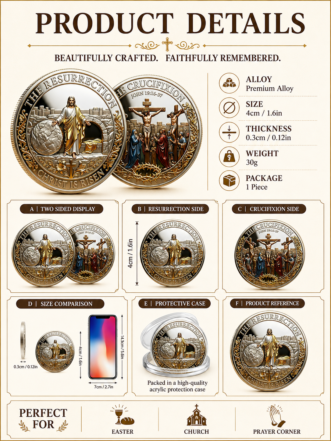 Cross Design and Resurrection Memorial Coin, Medal Alloy Relief Decorative Keepsake Gift