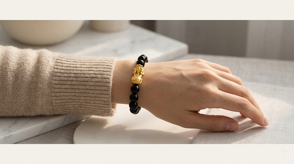 Culfuer blog cover illustrating the correct way to wear a Black Obsidian Pixiu bracelet on the left hand with the gold charm facing outward to attract maximum wealth in 2026.