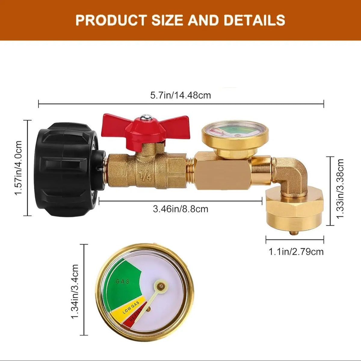 Propane Refill Adapter with Metal Ball Valve & Precise Filling Gauge - LPG Gas Accessory, QCC1 Compatible, Glow-in-Dark Read for Easy Visibility, Fills 1lb Bottles from 20lb Tank, Fits Disposable Cylinders, Durable Outdoor Universal Accessory