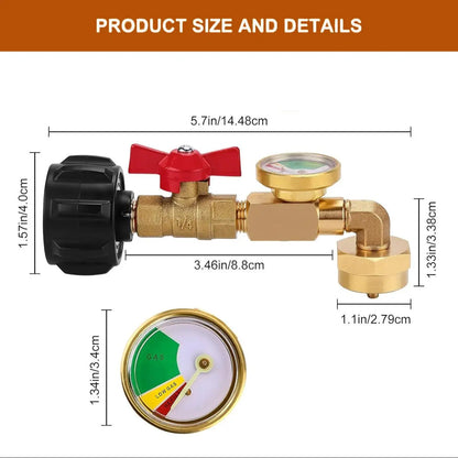 Propane Refill Adapter with Metal Ball Valve & Precise Filling Gauge - LPG Gas Accessory, QCC1 Compatible, Glow-in-Dark Read for Easy Visibility, Fills 1lb Bottles from 20lb Tank, Fits Disposable Cylinders, Durable Outdoor Universal Accessory