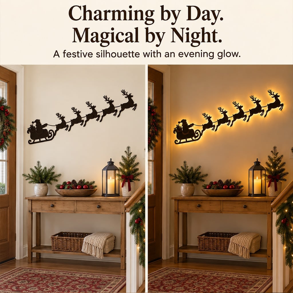🦌 Santa Sleigh & 6 Reindeer LED Wall Display – Warm Christmas Glow