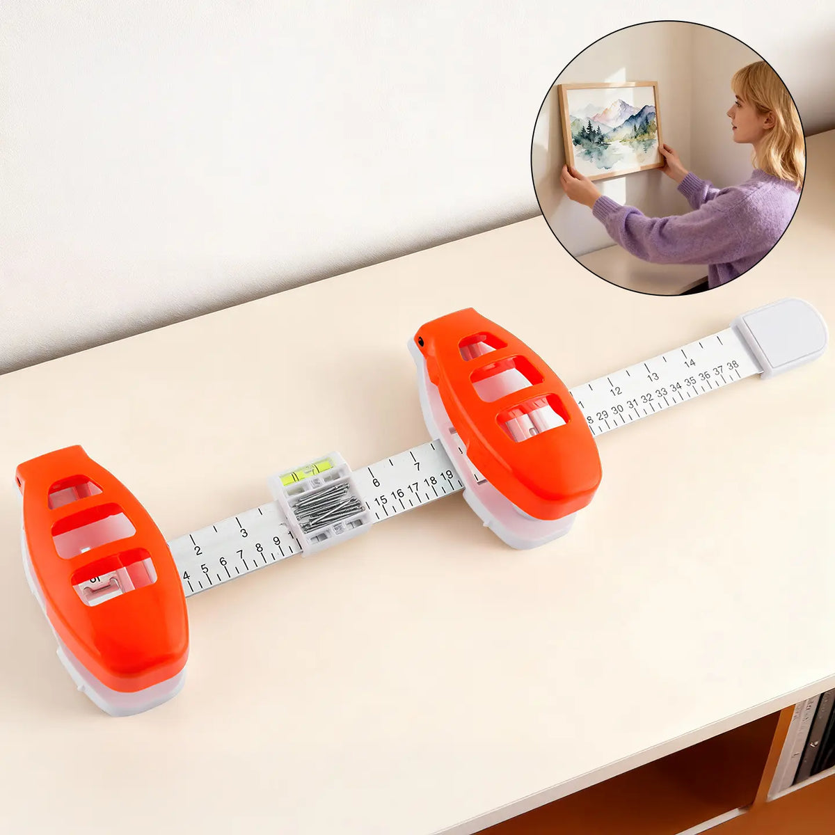 Professional Picture Hanging Tool with Level + Ruler (Inches/cm) - Frame Alignment Kit for Drywall & Wood Walls, Ruler-Guided Hang, Precise Placement, Easy Centering, Perfect Picture Line (Tools & Hardware)