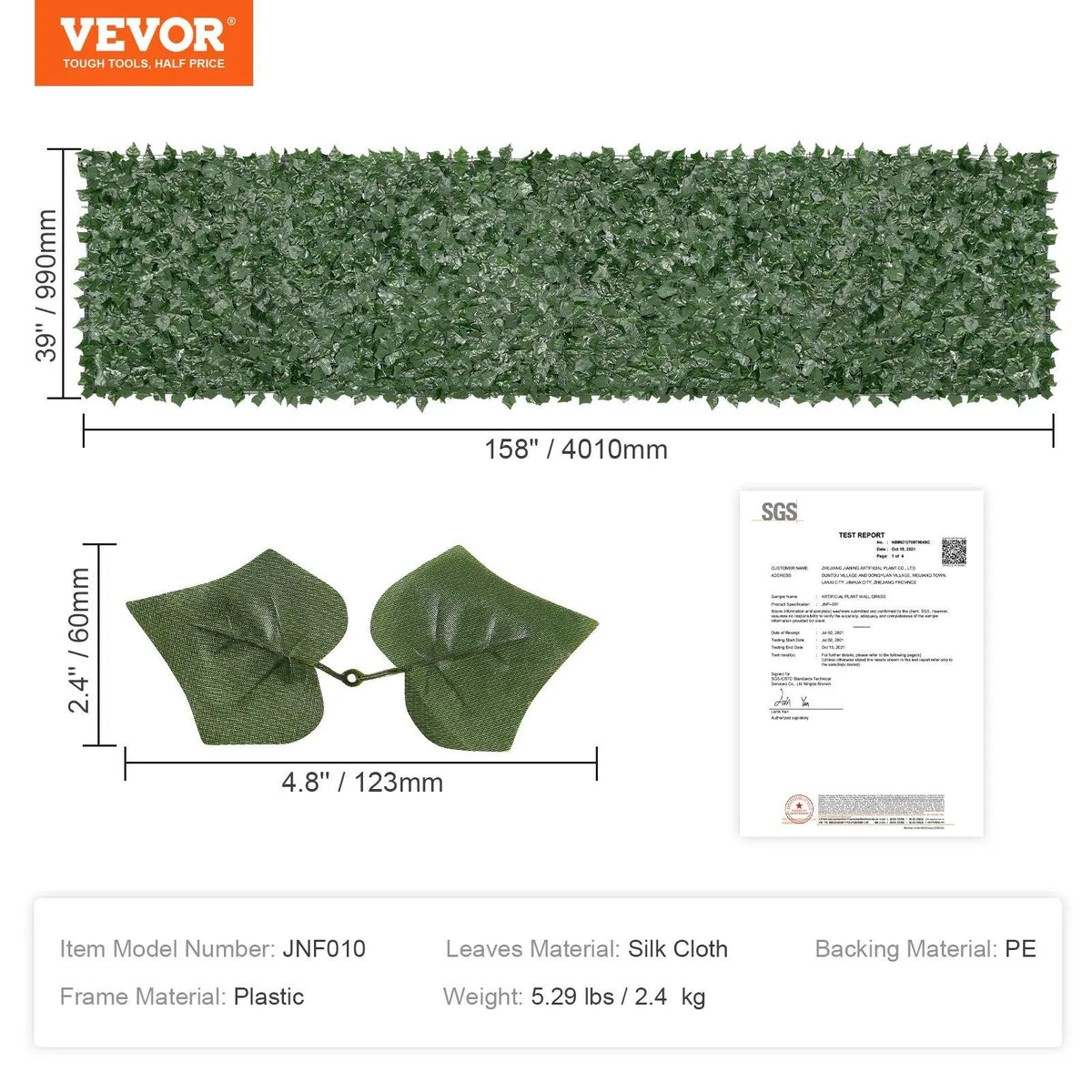 【FathersDayGift】VEVOR Ivy Privacy Fence, 59 x 158in Artificial Green Wall Screen, Greenery Ivy Fence w/ Mesh Cloth Backing and Strengthened Joint, Faux Hedges Vine Leaf Decoration for Outdoor Garden, Yard, Balcony
