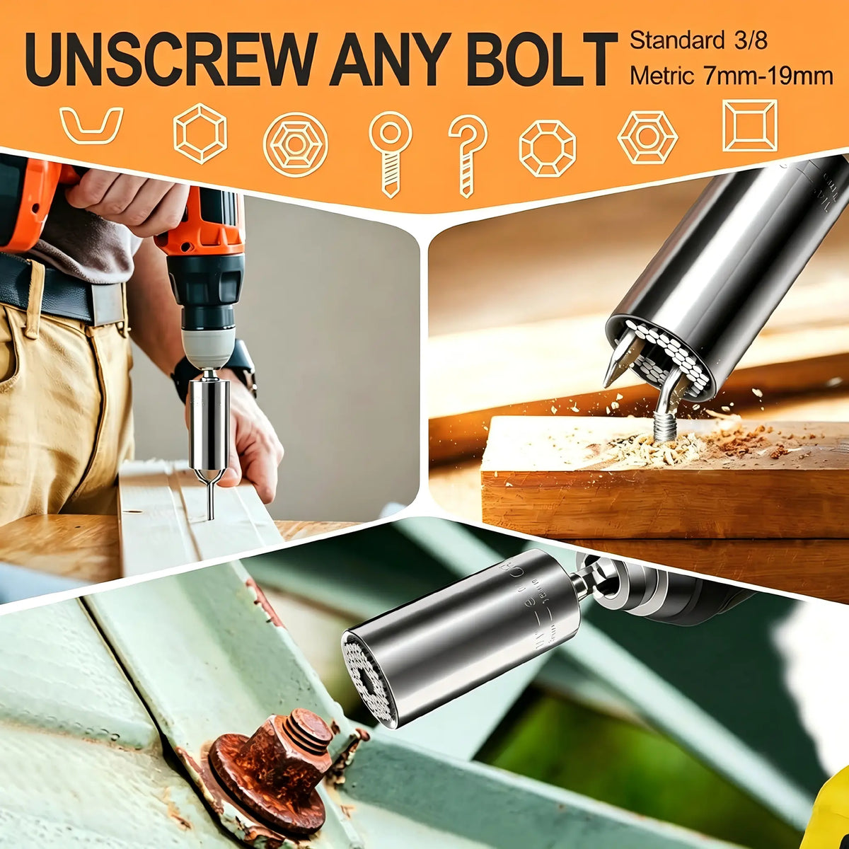Universal Socket 7–19mm, Self-Adjusting 3/8" Multi-Function Socket Tool