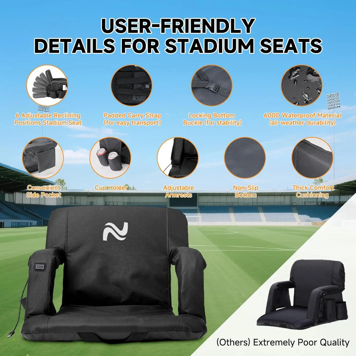 SLSY Unisex Heated Stadium Bleacher Seat with Back & Arm Support, 3-Level Adjustable Heating, 6 Recline Positions, Secure Straps, Fits Bleachers for Outdoor Football/Baseball Events, Hiking 【Batteries Not Included】
