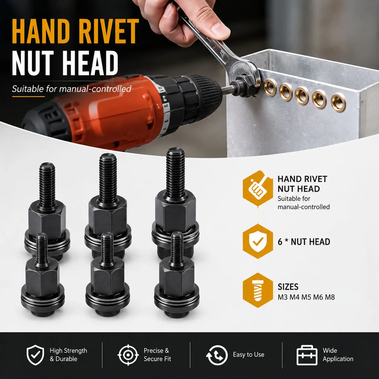 Head Rivet Nut Tool M3-M8 Carbon Steel Rivnut Kit for Automotive Repair