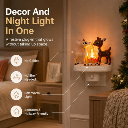 🦌✨Cozy Reindeer Plug-In Night Light With Glowing Flame Scene