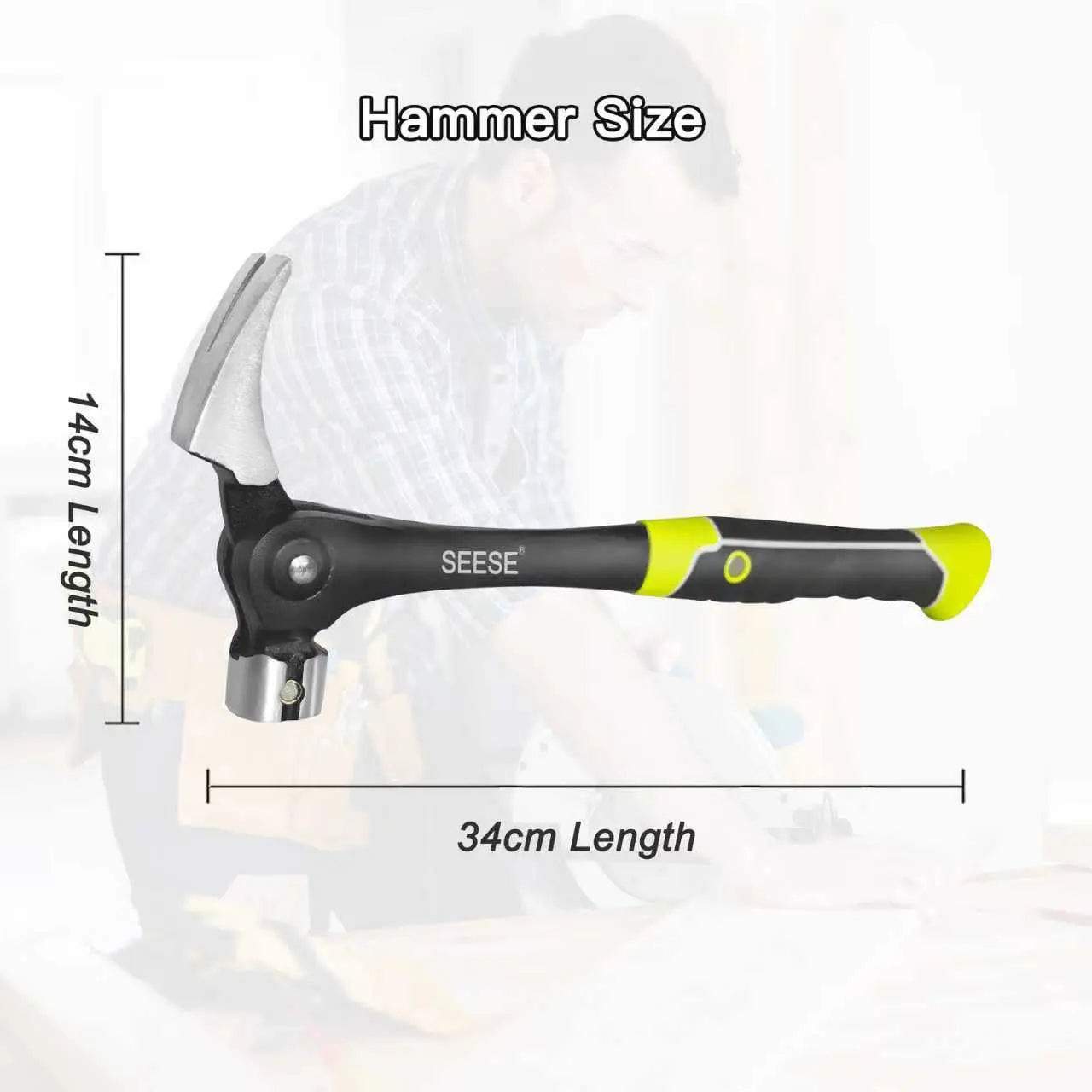 SEESE 16oz Adjustable Nail Puller Hammer, Magnetic Nail Starter, Anti-Slip Shock-Absorbing Handle, Claw Hammer for DIYers in Workshop, Construction & Remodeling