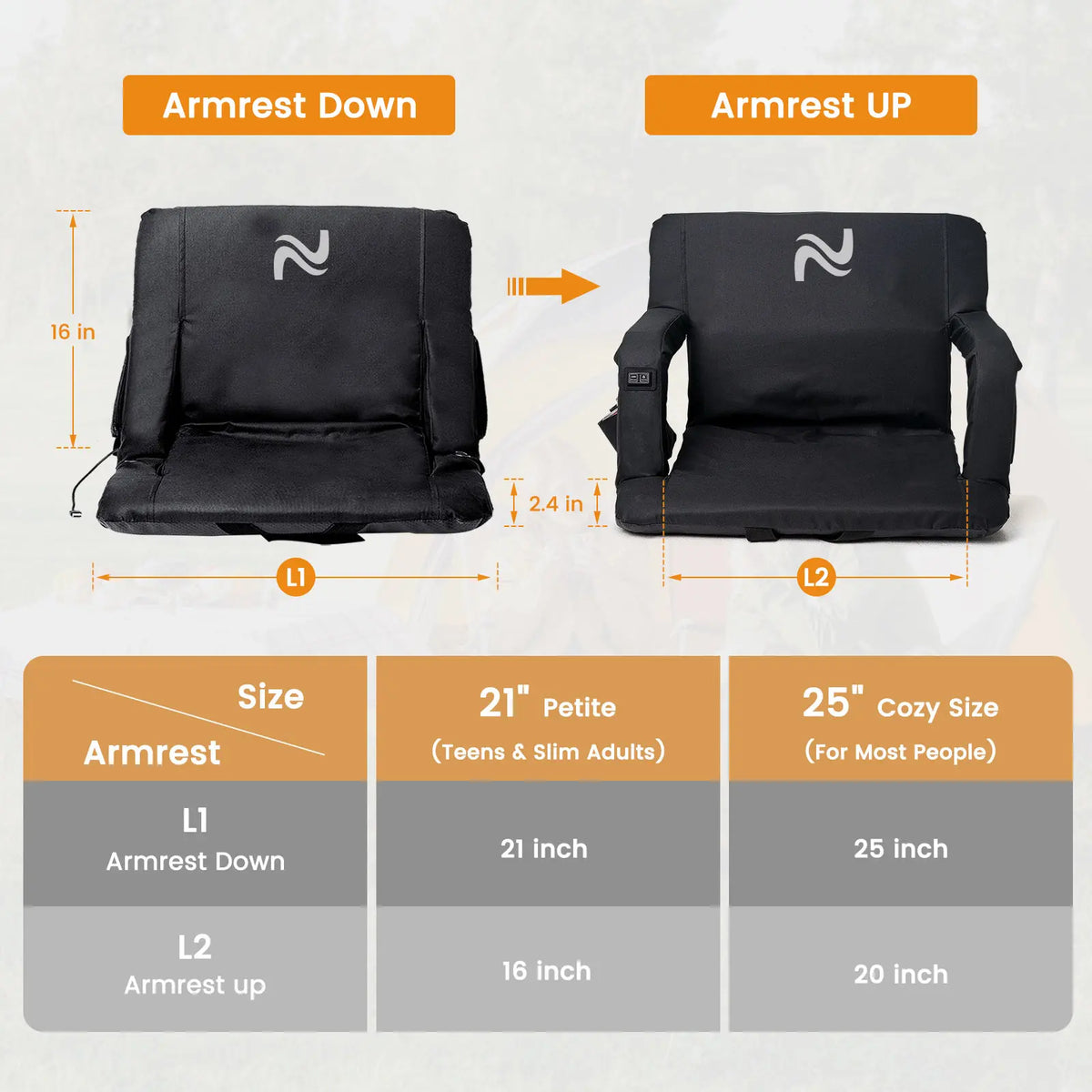 SLSY Unisex Heated Stadium Bleacher Seat with Back & Arm Support, 3-Level Adjustable Heating, 6 Recline Positions, Secure Straps, Fits Bleachers for Outdoor Football/Baseball Events, Hiking 【Batteries Not Included】