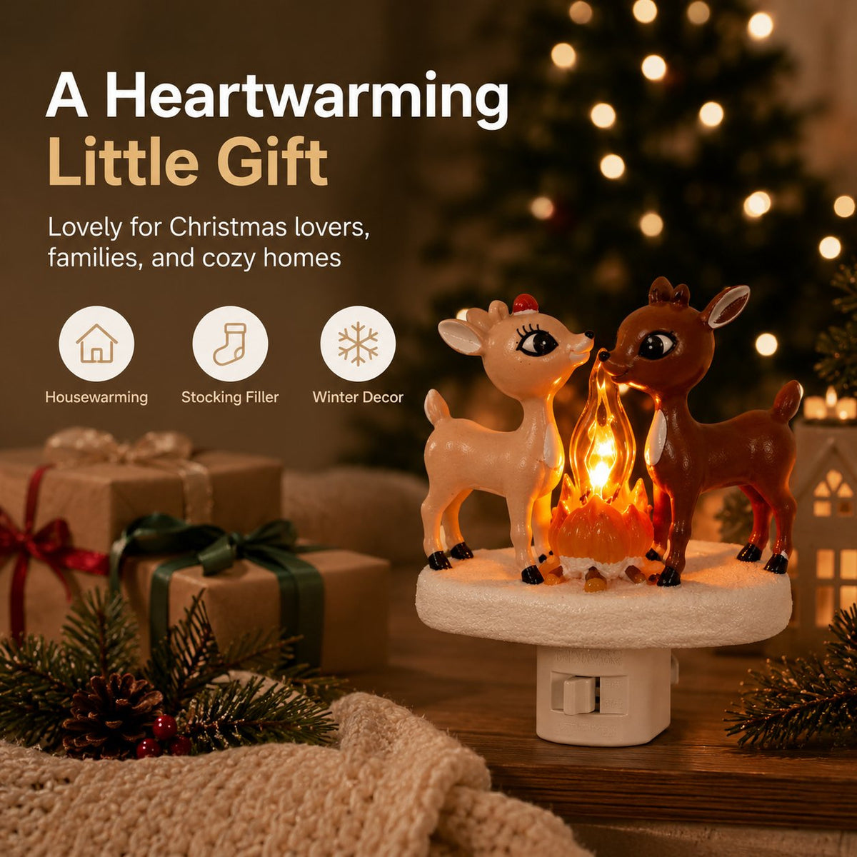 🦌✨Cozy Reindeer Plug-In Night Light With Glowing Flame Scene