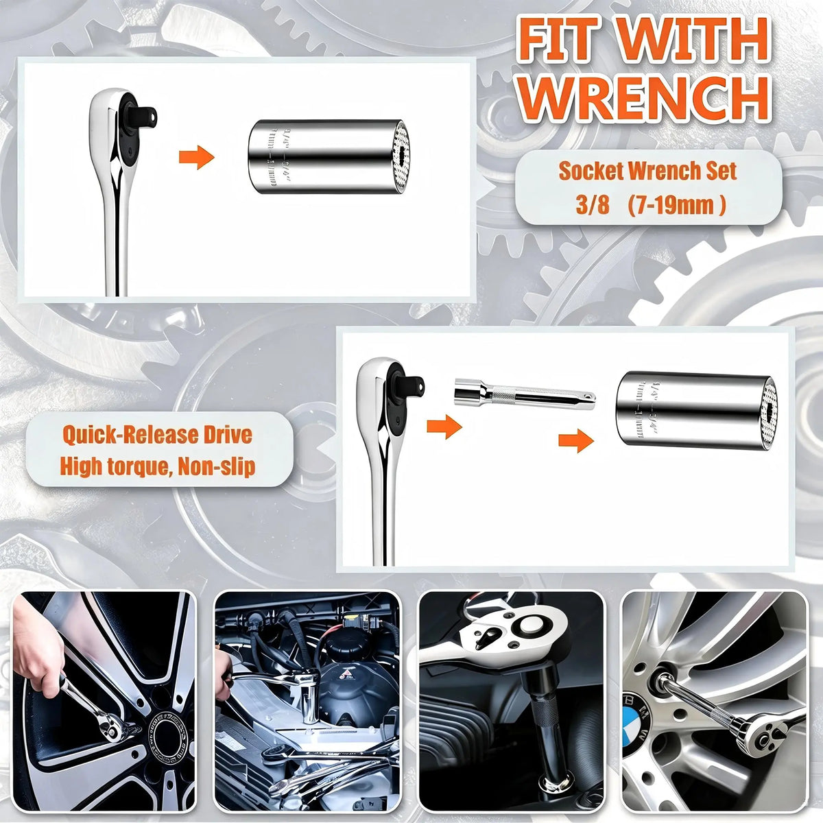 Universal Socket 7–19mm, Self-Adjusting 3/8" Multi-Function Socket Tool