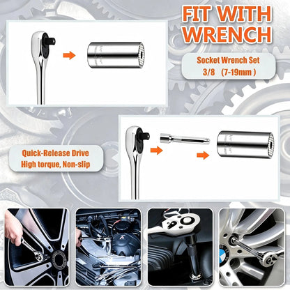 Universal Socket 7–19mm, Self-Adjusting 3/8" Multi-Function Socket Tool