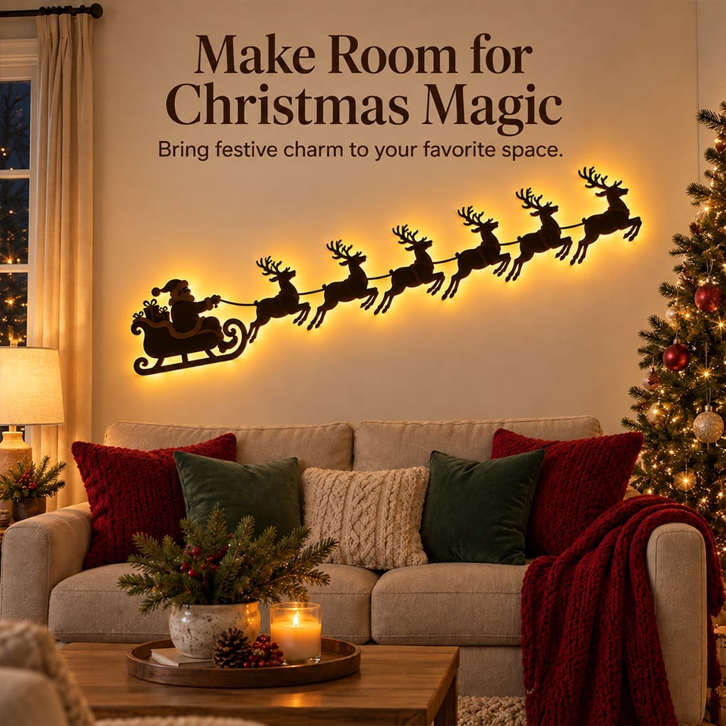 🦌 Santa Sleigh & 6 Reindeer LED Wall Display – Warm Christmas Glow