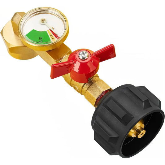 Propane Refill Adapter with Metal Ball Valve & Precise Filling Gauge - LPG Gas Accessory, QCC1 Compatible, Glow-in-Dark Read for Easy Visibility, Fills 1lb Bottles from 20lb Tank, Fits Disposable Cylinders, Durable Outdoor Universal Accessory