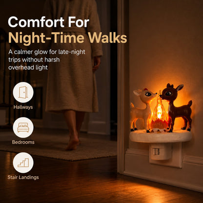 🦌✨Cozy Reindeer Plug-In Night Light With Glowing Flame Scene