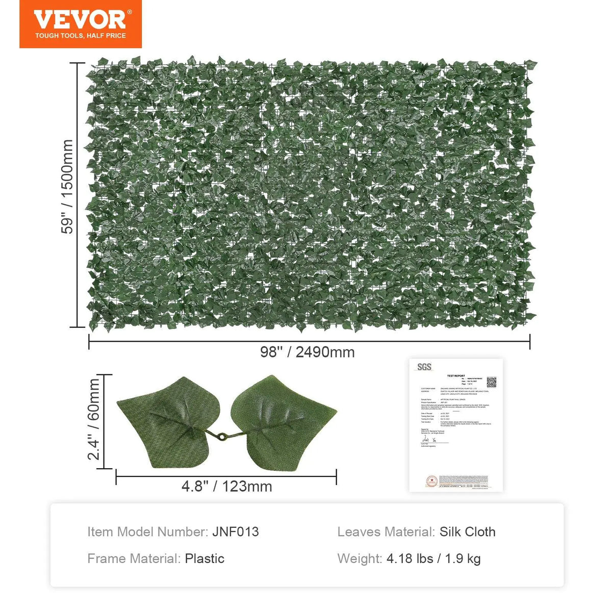 【FathersDayGift】VEVOR Ivy Privacy Fence, 59 x 158in Artificial Green Wall Screen, Greenery Ivy Fence w/ Mesh Cloth Backing and Strengthened Joint, Faux Hedges Vine Leaf Decoration for Outdoor Garden, Yard, Balcony