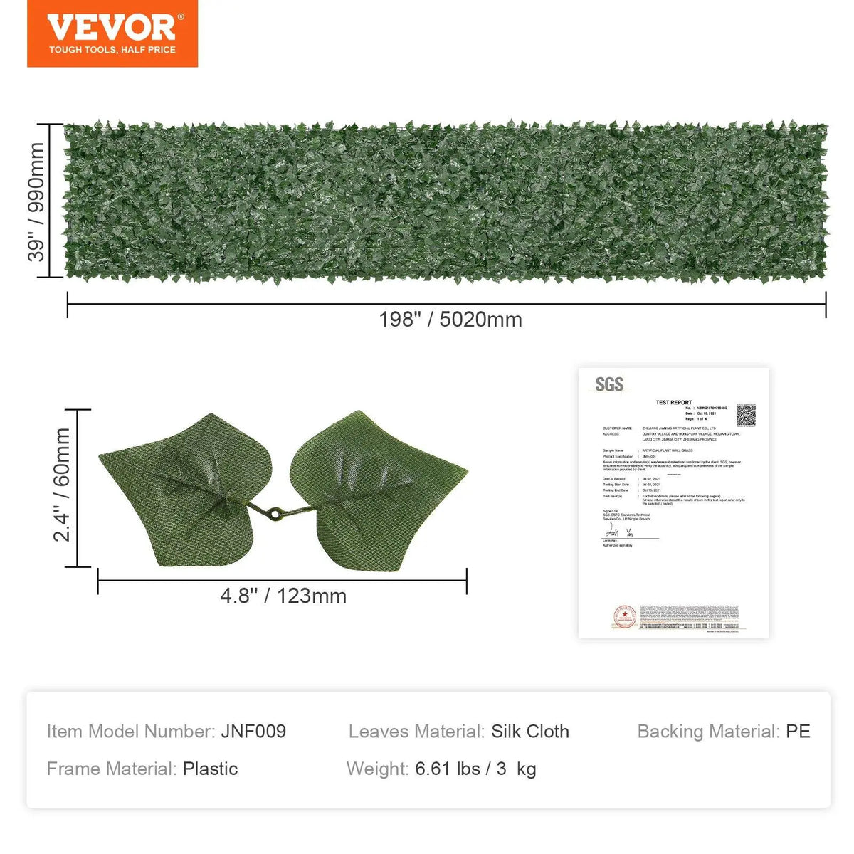 【FathersDayGift】VEVOR Ivy Privacy Fence, 59 x 158in Artificial Green Wall Screen, Greenery Ivy Fence w/ Mesh Cloth Backing and Strengthened Joint, Faux Hedges Vine Leaf Decoration for Outdoor Garden, Yard, Balcony