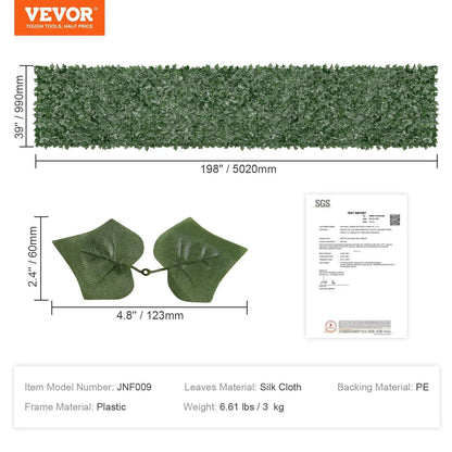 【FathersDayGift】VEVOR Ivy Privacy Fence, 59 x 158in Artificial Green Wall Screen, Greenery Ivy Fence w/ Mesh Cloth Backing and Strengthened Joint, Faux Hedges Vine Leaf Decoration for Outdoor Garden, Yard, Balcony