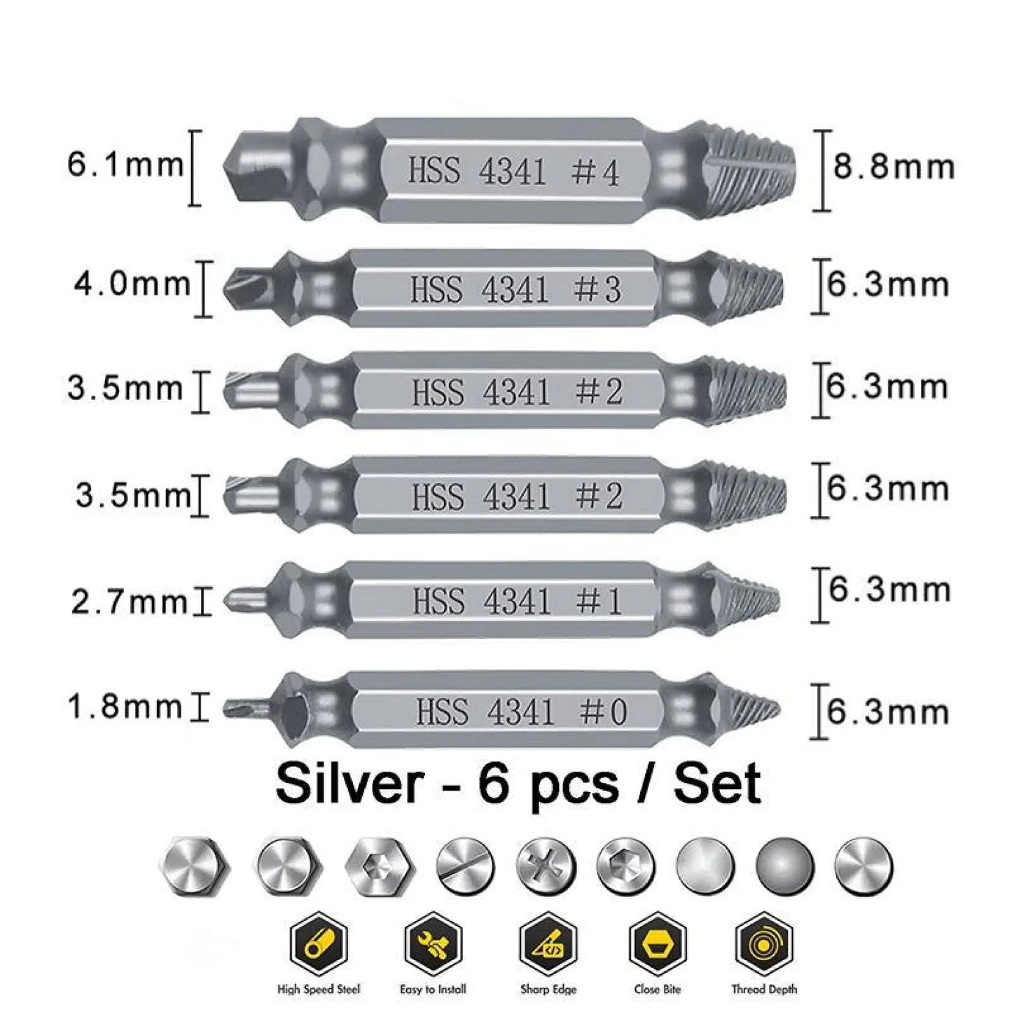 Broken Screw Extractor Set Tools - Stainless Steel 6-Pack