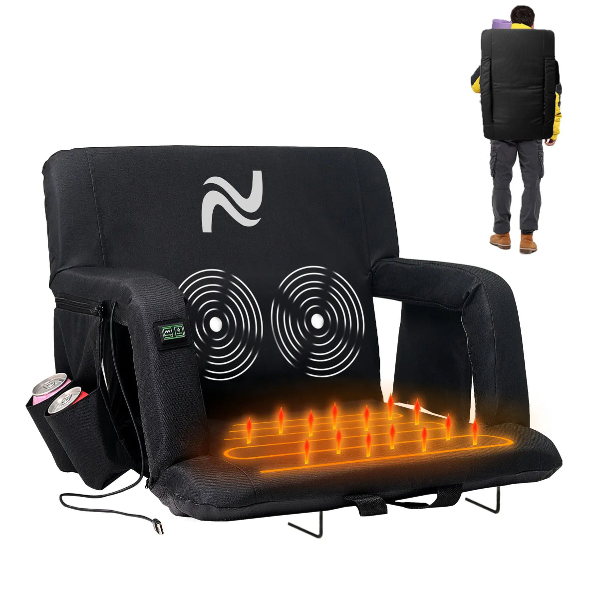 SLSY Unisex Heated Stadium Bleacher Seat with Back & Arm Support, 3-Level Adjustable Heating, 6 Recline Positions, Secure Straps, Fits Bleachers for Outdoor Football/Baseball Events, Hiking 【Batteries Not Included】