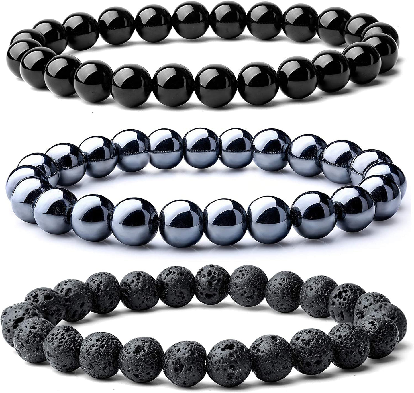 3 Pcs Triple Protection Bracelet Set | Genuine Black Obsidian, Hematite & Lava Stone | Anxiety Relief, Stress Shield & Grounding