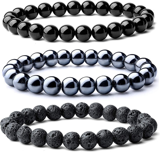 3 Pcs Triple Protection Bracelet Set | Genuine Black Obsidian, Hematite & Lava Stone | Anxiety Relief, Stress Shield & Grounding