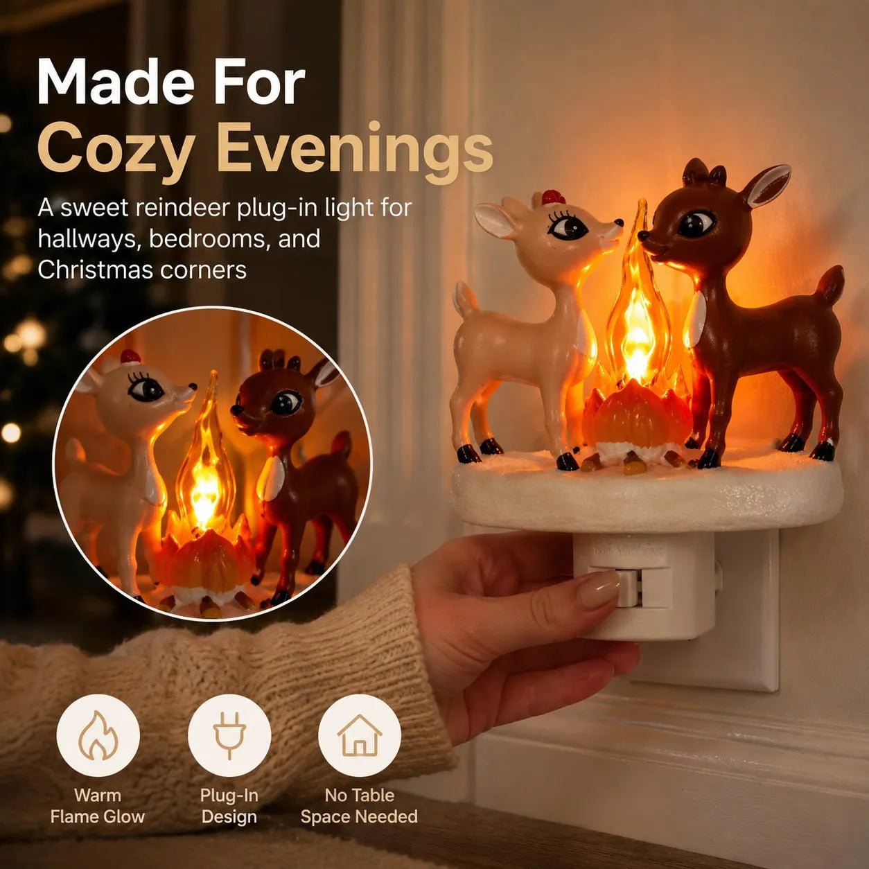 🦌✨Cozy Reindeer Plug-In Night Light With Glowing Flame Scene