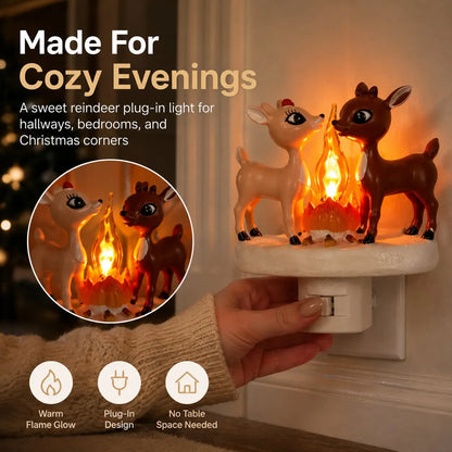 🦌✨Cozy Reindeer Plug-In Night Light With Glowing Flame Scene
