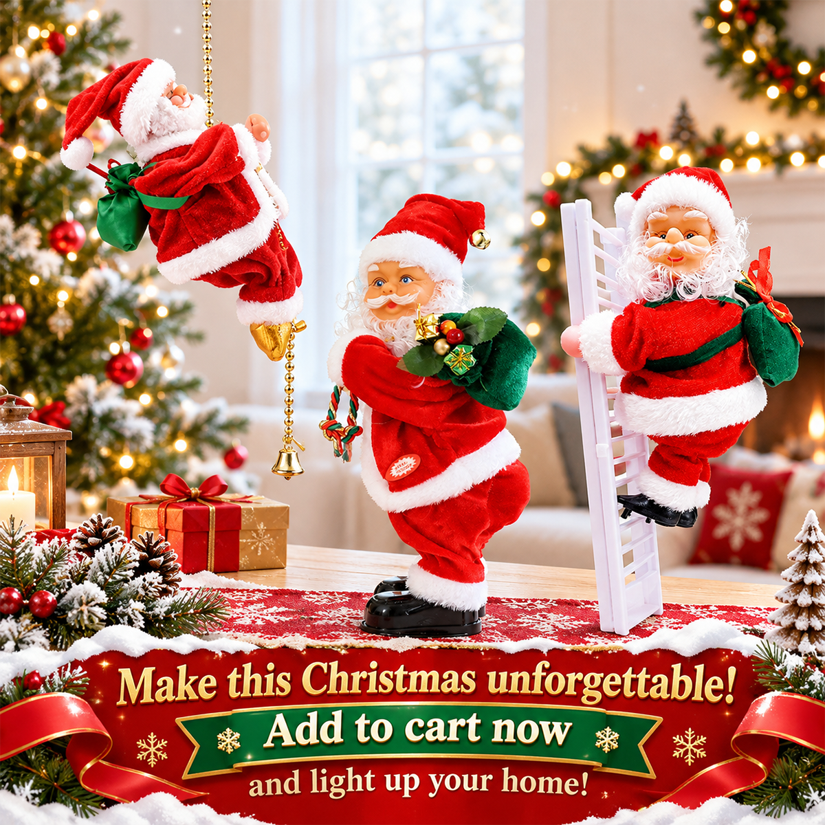 🎄✨ 2026 Electric Climbing Santa Christmas Ornament ✨🎄 (Battery-Powered | Rope-Hung with Light, Music & Sound Animation | Climbing Beads & Ladder)