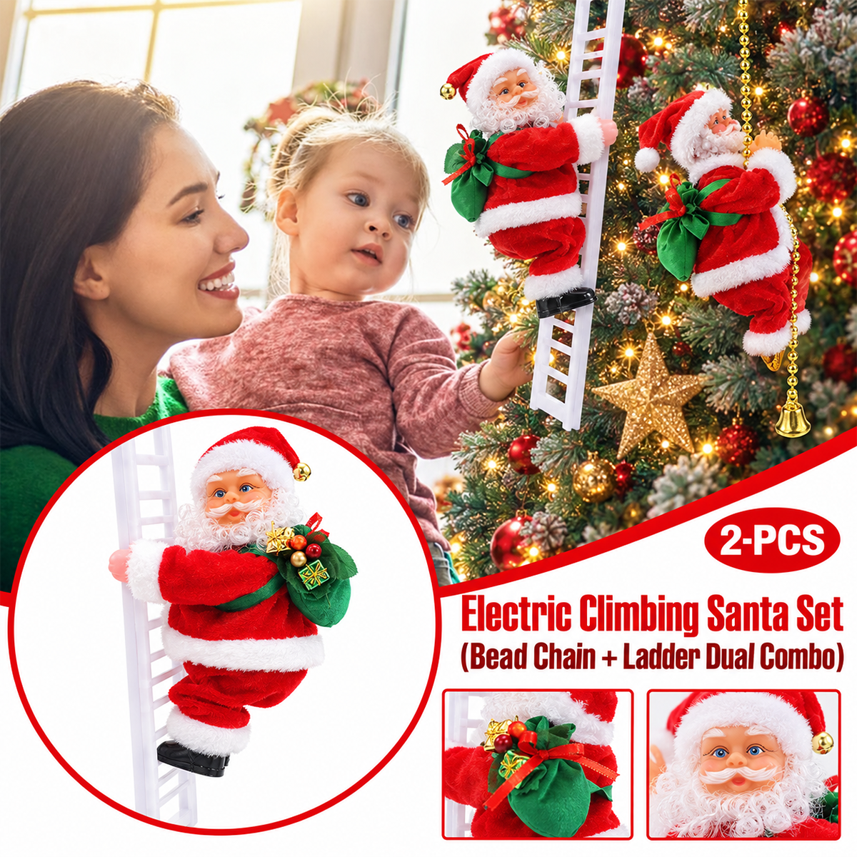 🎄✨ 2026 Electric Climbing Santa Christmas Ornament ✨🎄 (Battery-Powered | Rope-Hung with Light, Music & Sound Animation | Climbing Beads & Ladder)