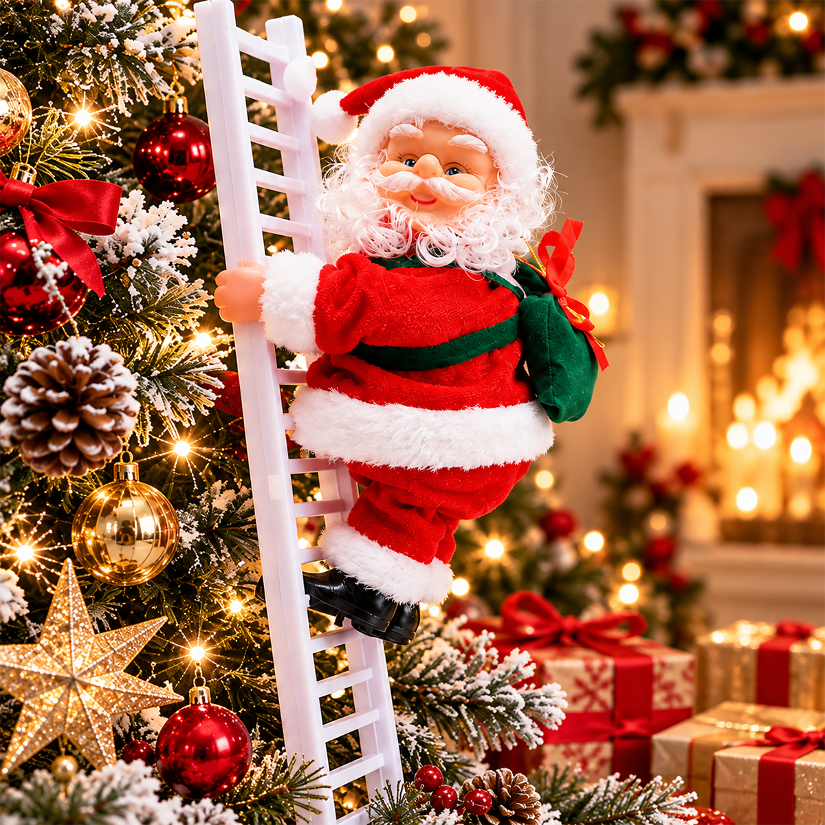 🎄✨ 2026 Electric Climbing Santa Christmas Ornament ✨🎄 (Battery-Powered | Rope-Hung with Light, Music & Sound Animation | Climbing Beads & Ladder)