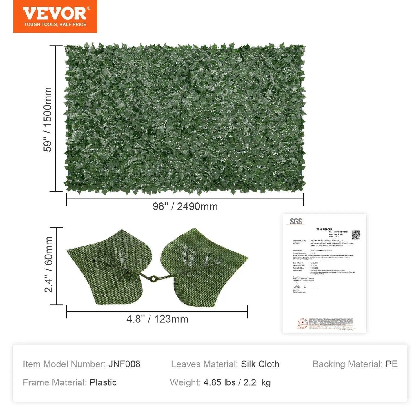【FathersDayGift】VEVOR Ivy Privacy Fence, 59 x 158in Artificial Green Wall Screen, Greenery Ivy Fence w/ Mesh Cloth Backing and Strengthened Joint, Faux Hedges Vine Leaf Decoration for Outdoor Garden, Yard, Balcony