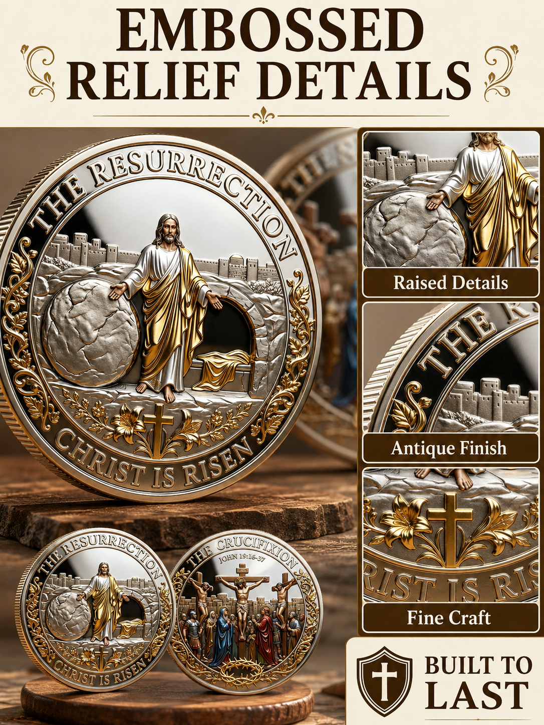 Cross Design and Resurrection Memorial Coin, Medal Alloy Relief Decorative Keepsake Gift