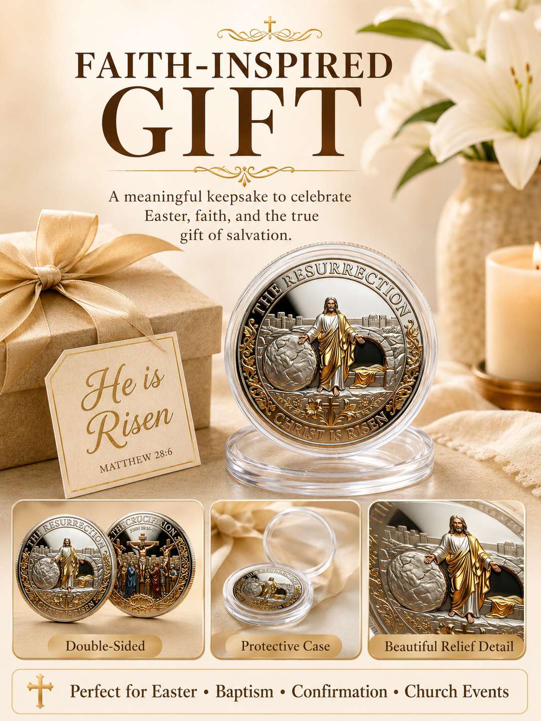 Cross Design and Resurrection Memorial Coin, Medal Alloy Relief Decorative Keepsake Gift
