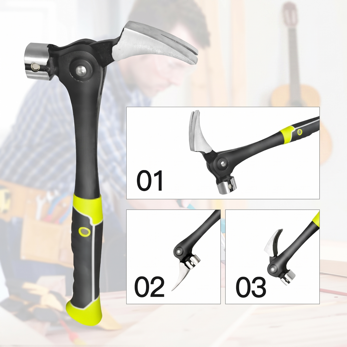 16oz Adjustable Nail Puller Hammer, Magnetic Nail Starter