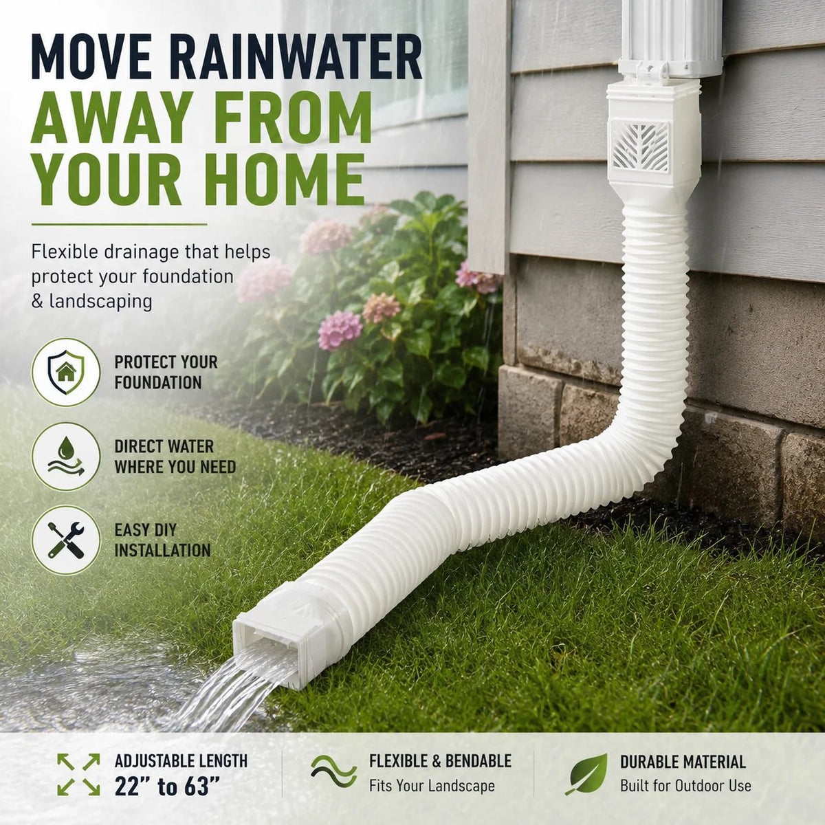Flexible Downspout Extension Kit – 22–63 in Rainwater Drainage Pipe