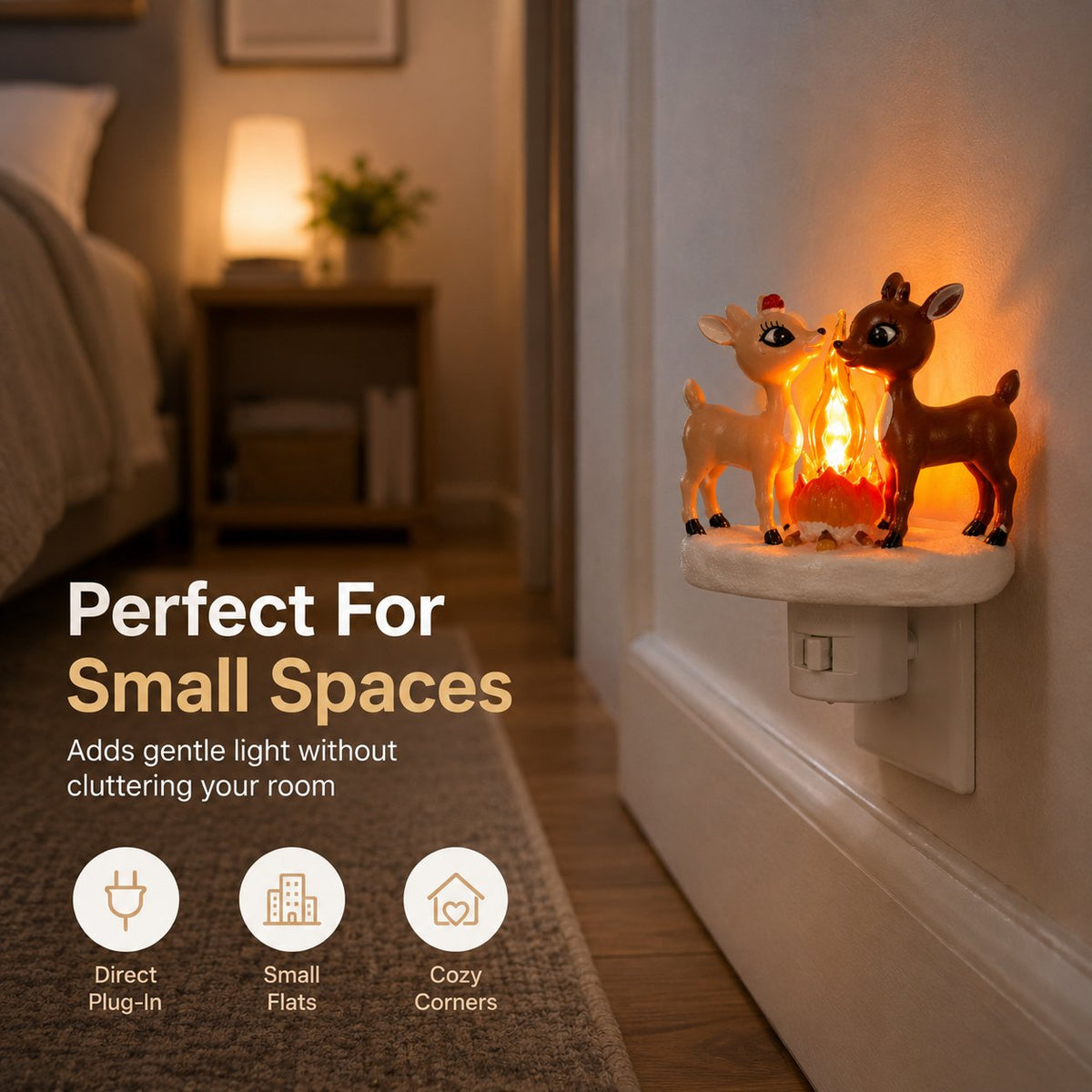 🦌✨Cozy Reindeer Plug-In Night Light With Glowing Flame Scene