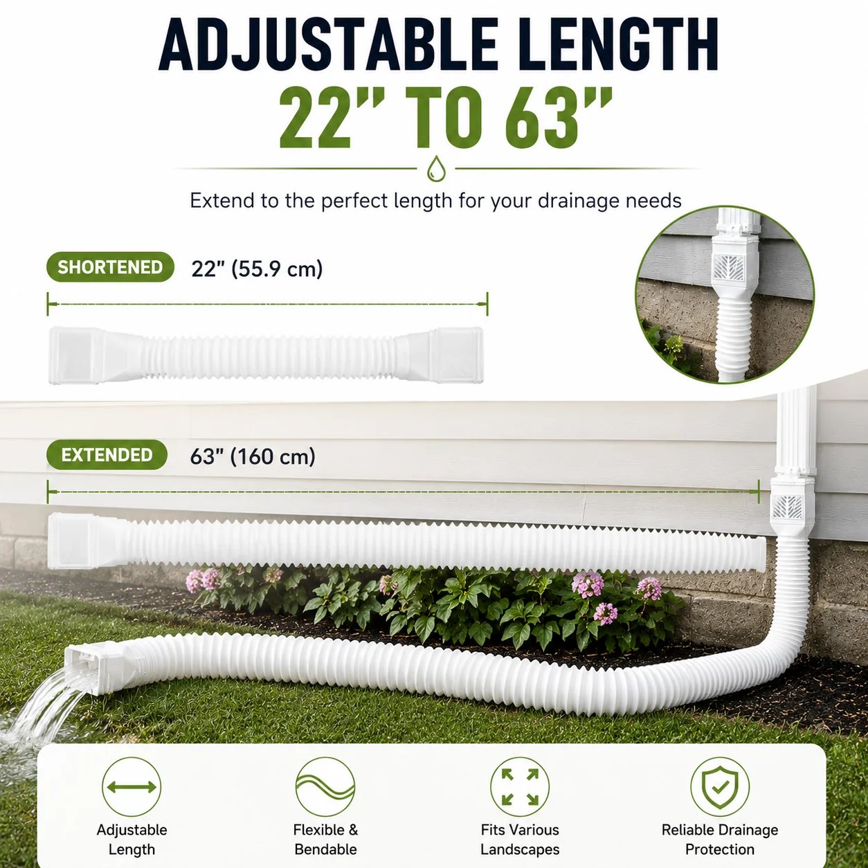 Flexible Downspout Extension Kit – 22–63 in Rainwater Drainage Pipe