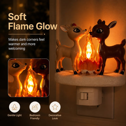 🦌✨Cozy Reindeer Plug-In Night Light With Glowing Flame Scene