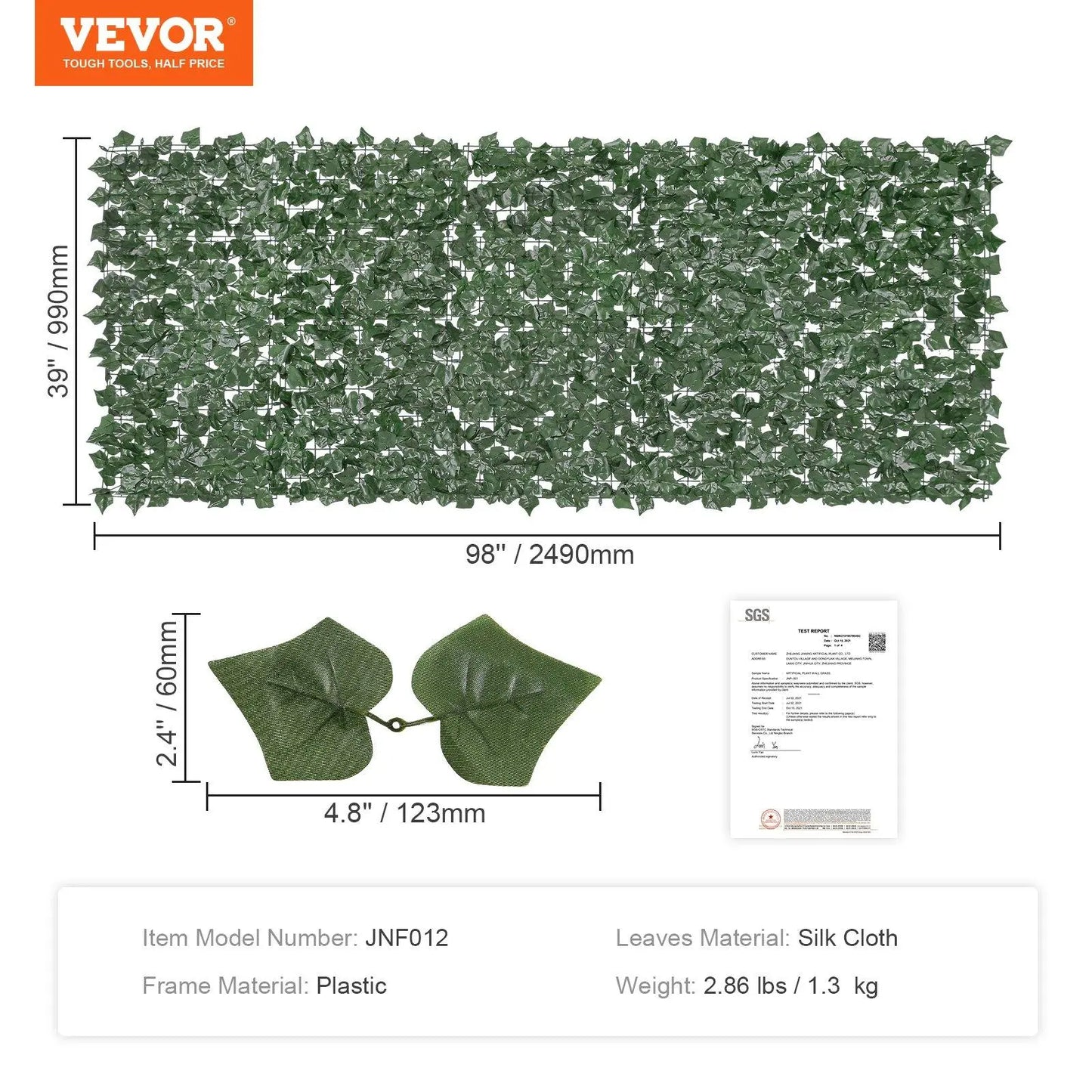 【FathersDayGift】VEVOR Ivy Privacy Fence, 59 x 158in Artificial Green Wall Screen, Greenery Ivy Fence w/ Mesh Cloth Backing and Strengthened Joint, Faux Hedges Vine Leaf Decoration for Outdoor Garden, Yard, Balcony