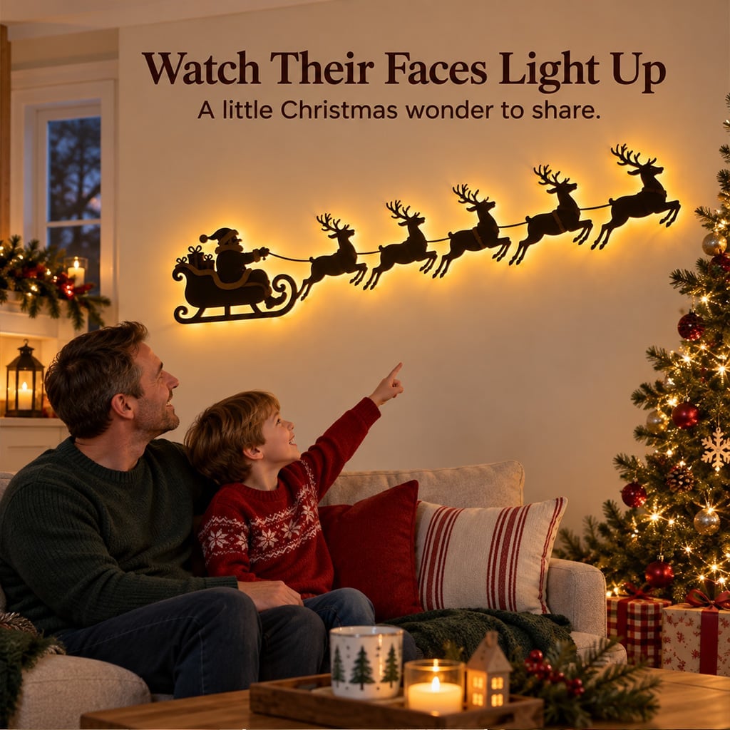 🦌 Santa Sleigh & 6 Reindeer LED Wall Display – Warm Christmas Glow