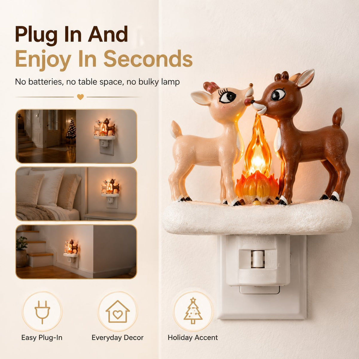 🦌✨Cozy Reindeer Plug-In Night Light With Glowing Flame Scene