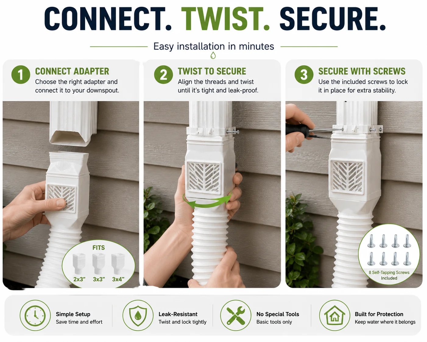 Flexible Downspout Extension Kit – 22–63 in Rainwater Drainage Pipe