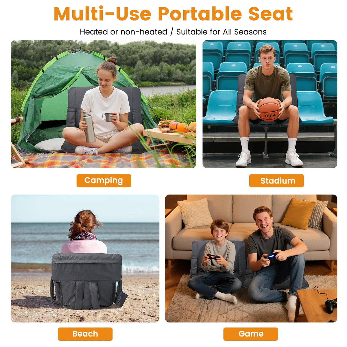 SLSY Unisex Heated Stadium Bleacher Seat with Back & Arm Support, 3-Level Adjustable Heating, 6 Recline Positions, Secure Straps, Fits Bleachers for Outdoor Football/Baseball Events, Hiking 【Batteries Not Included】