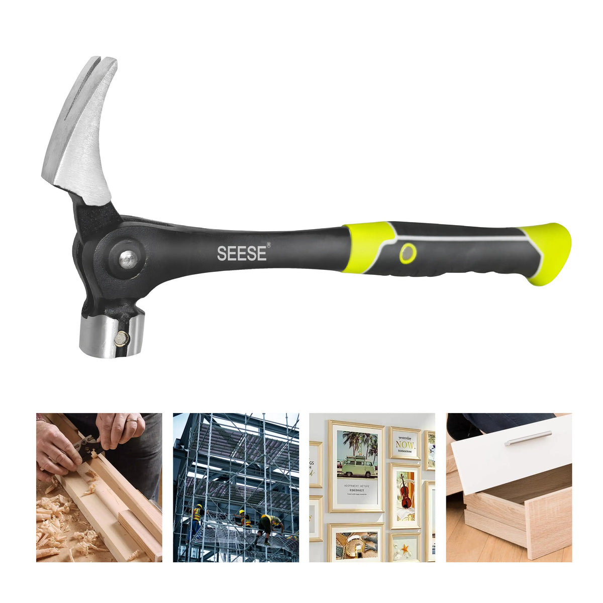 SEESE 16oz Adjustable Nail Puller Hammer, Magnetic Nail Starter, Anti-Slip Shock-Absorbing Handle, Claw Hammer for DIYers in Workshop, Construction & Remodeling