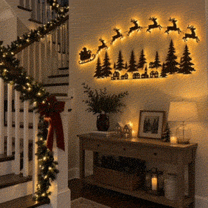 🦌 Santa Sleigh & 6 Reindeer LED Wall Display – Warm Christmas Glow